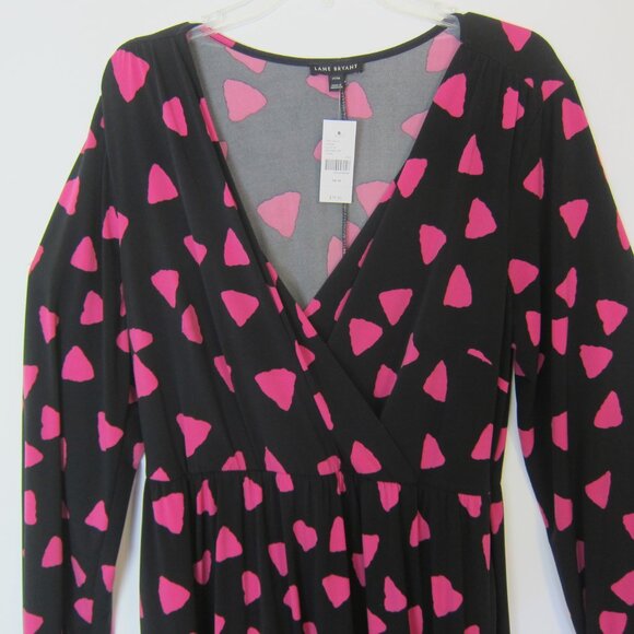 Lane Bryant Fit & Flare Dress 14/16 Black Pink Pockets V-neck Long Sleeves NEW - Picture 4 of 11